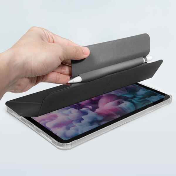 Black iPad LAUT HUEX folio case showing stylus pen slot